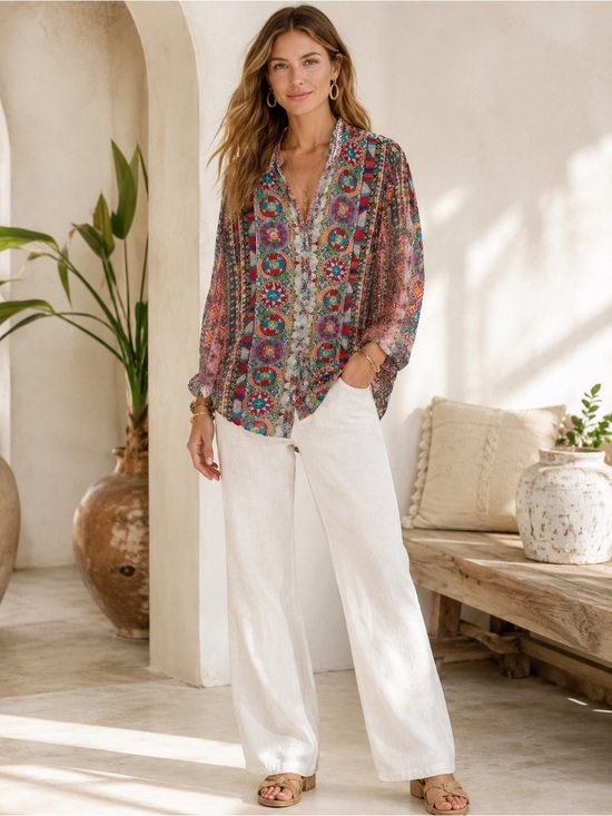 Johnny Was Tops - New! Johnny Was Rosetto Multicolor Floral Patchwork Button-Down Blouse 💐 Small